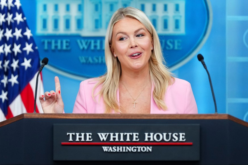FILE - White House press secretary Karoline Leavitt speaks with reporters in the James Brady Press Briefing Room at the White House, July 16, 2026, in Washington. (AP Photo/Julia Demaree Nikhinson, Fi ...