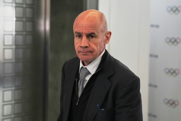 FILE - Candidate to the presidency of the International Olympic Committee Johan Eliasch arrives at the mixed zone during a break of the 144th session, which will elect the new IOC President, in Costa  ...