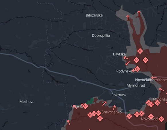 Une carte du front, publiée par DeepState, montre un étroit couloir désormais sous contrôle russe, ce qui menace la ville garnison de Dobropillia, au nord-ouest de Pokrovsk.