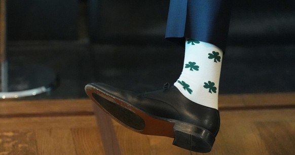 US Vice President JD Vance showing off his Shamrock socks while speaking at a breakfast meeting he hosted at his official residence in Washington DC for the visit by Taoiseach Micheal Martin. Picture  ...