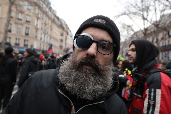 France, Paris, 2023.01.19. Yellow vests activist Jerome Rodrigues at the demonstration in Paris organised by Labor Unions CFDT, CGT, CFDT, FO, SUD and SOLIDAIRES in protest against the Governement ret ...