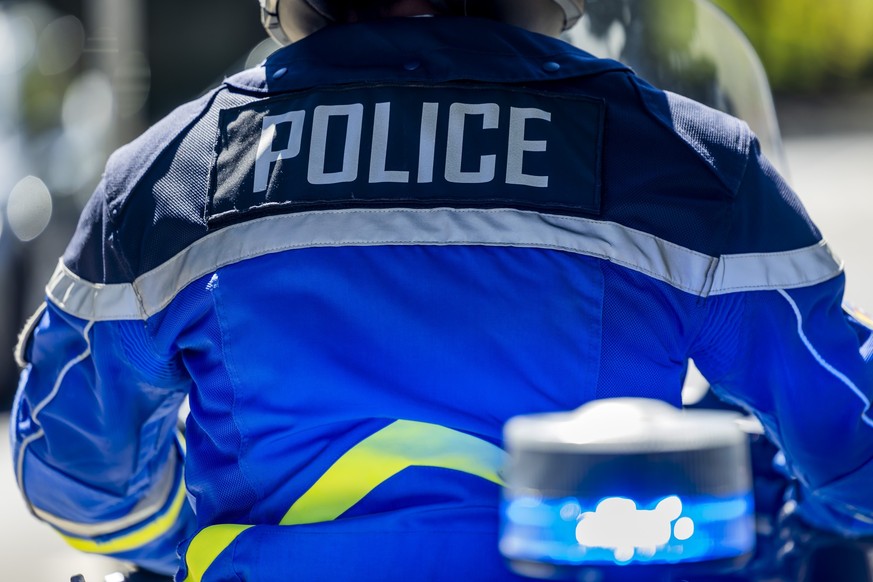 A Swiss police officer observes people holding Ukrainian national flags during a rally to mark Ukraine&#039;s Independence Day, in Geneva, Switzerland, Sunday, August 24, 2025. Today marks the 34th an ...