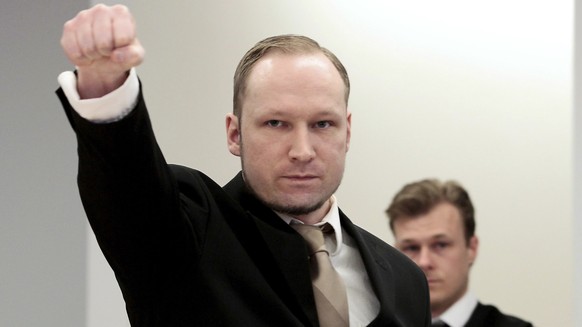 FILE - In this Tuesday, April 17, 2012 file photo, accused Norwegian Anders Behring Breivik gestures as he arrives at the courtroom, in Oslo, Norway. On the ten-year anniversary of Norway���s worst pe ...