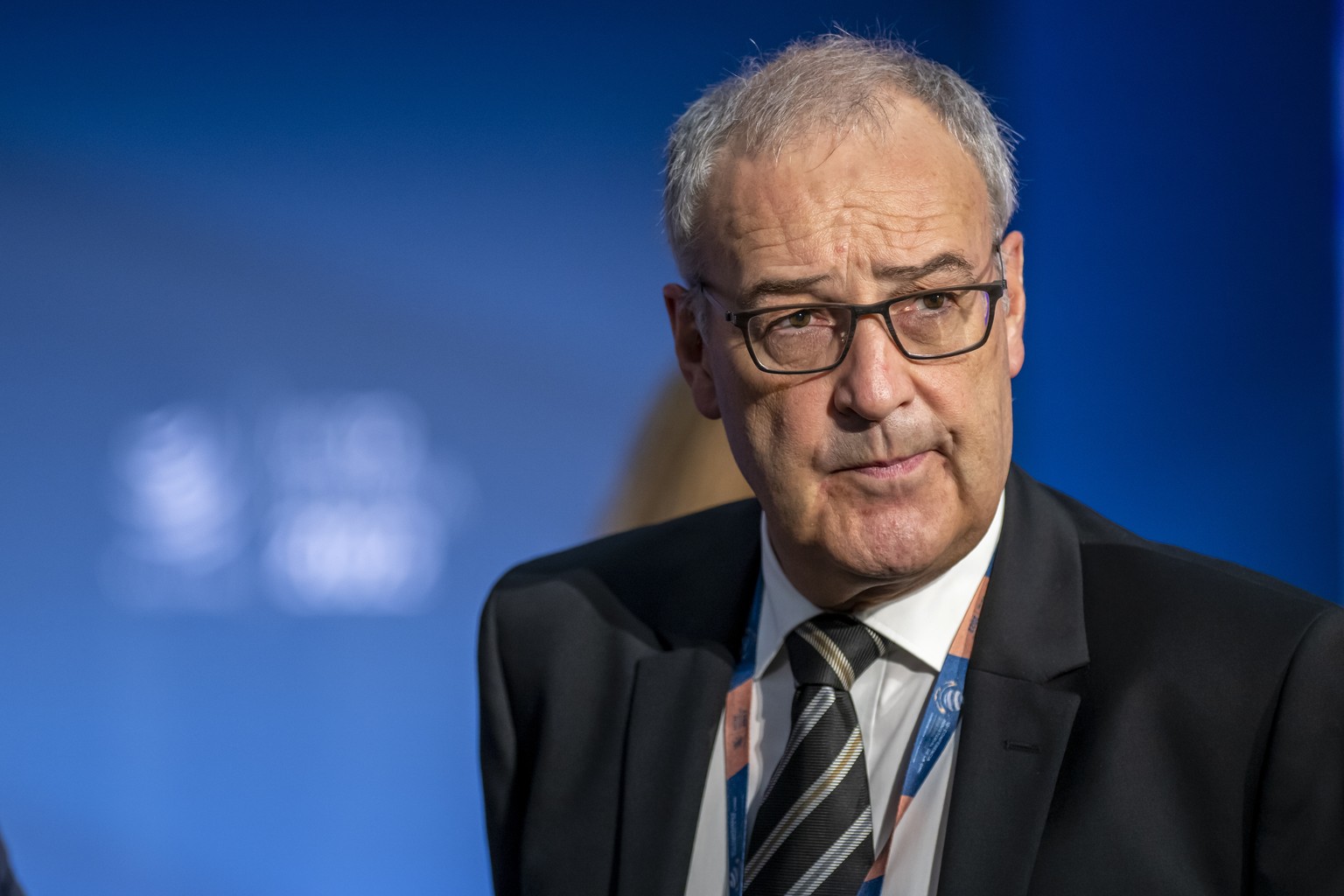 Switzerland&#039;s Guy Parmelin, Federal councillor for economic affairs, wait for the start at the opening ceremony of the 12th Ministerial Conference (MC12) taking place from June 12-15, in Geneva,  ...