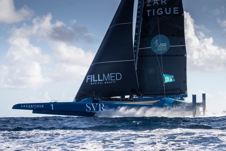 POINTE-A-PITRE, GUADELOUPE - NOVEMBER 16: Ultim SVR Lazartigue skipper Francois Gabart takes second position in the transatlantic sailing race Route du Rhum Destination Guadeloupe, on November 16, 202 ...