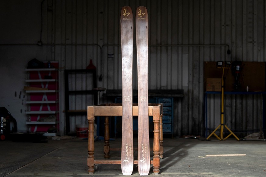 This photograph shows a pair of Villacampa Pyrénées brand&#039;s handmade wooden ski at the company&#039;s workshop in Bizanos, southwestern France on January 8, 2025. In the Villacampa workshop locat ...