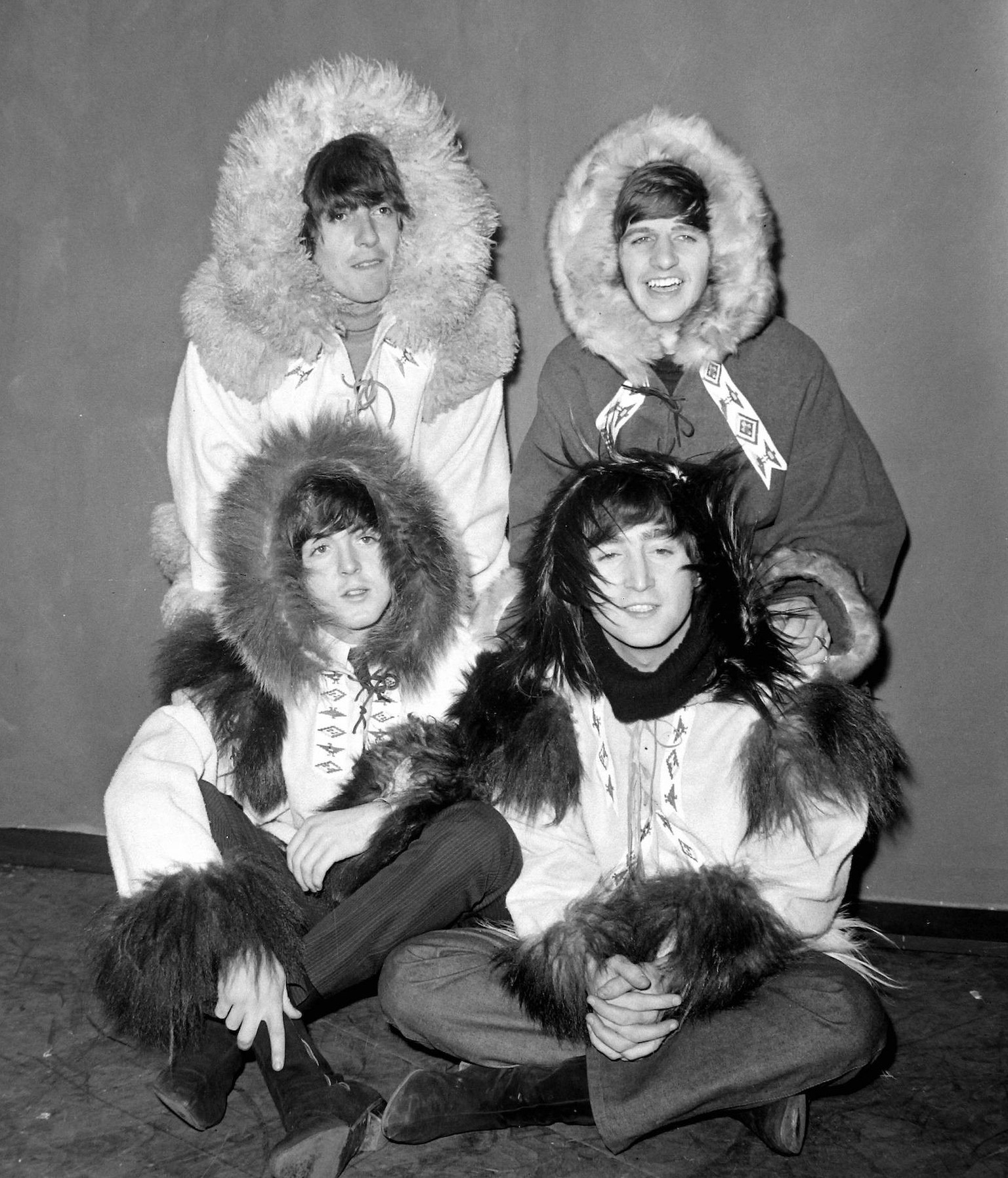 23 DECEMBER 1964 The Beatles dressed in winter clothing during rehearsals for their Christmas show at the Odeon cinema, Hammersmith, London, England., London United Kingdom England Copyright: Topfoto  ...