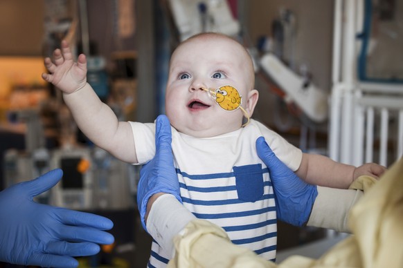 This photo provided by the Children&#039;s Hospital of Philadelphia shows KJ Muldoon after a follow up dose of an experimental gene editing treatment at the hospital in April 2025. (Chloe Dawson/Child ...