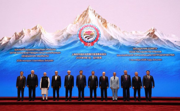 September 2, 2026, Bishkek, Kyrgyzstan: Russian President Vladimir Putin, center-right, poses for the group portrait before a session of the SCO Summit meeting, September 1, 2026, in Bishkek, Kyrgyzst ...