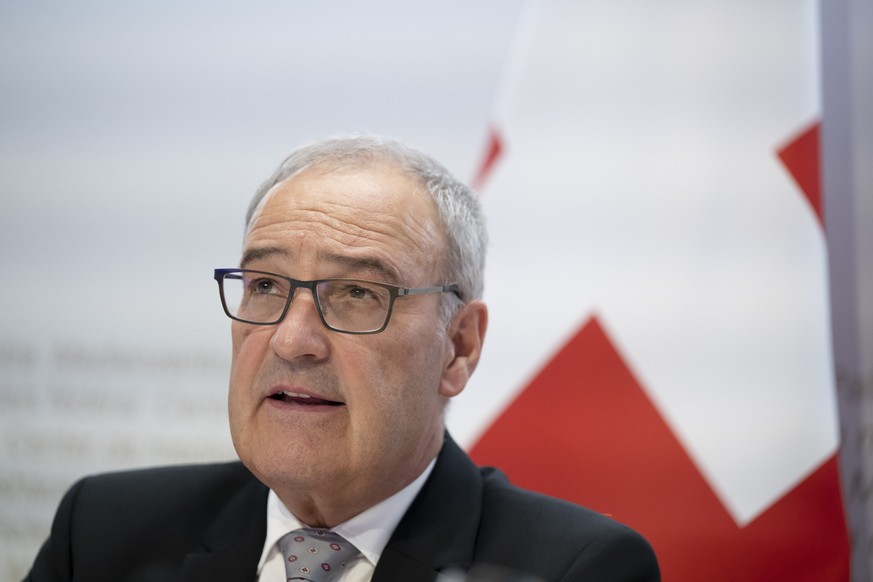 Bundesrat Guy Parmelin spricht an einer Medienkonferenz zum Thema Energie : Lancierung der Sparkampagne, am Mittwoch, 31. August 2022, im Medienzentrum Bundeshaus in Bern. (KEYSTONE/Anthony Anex)