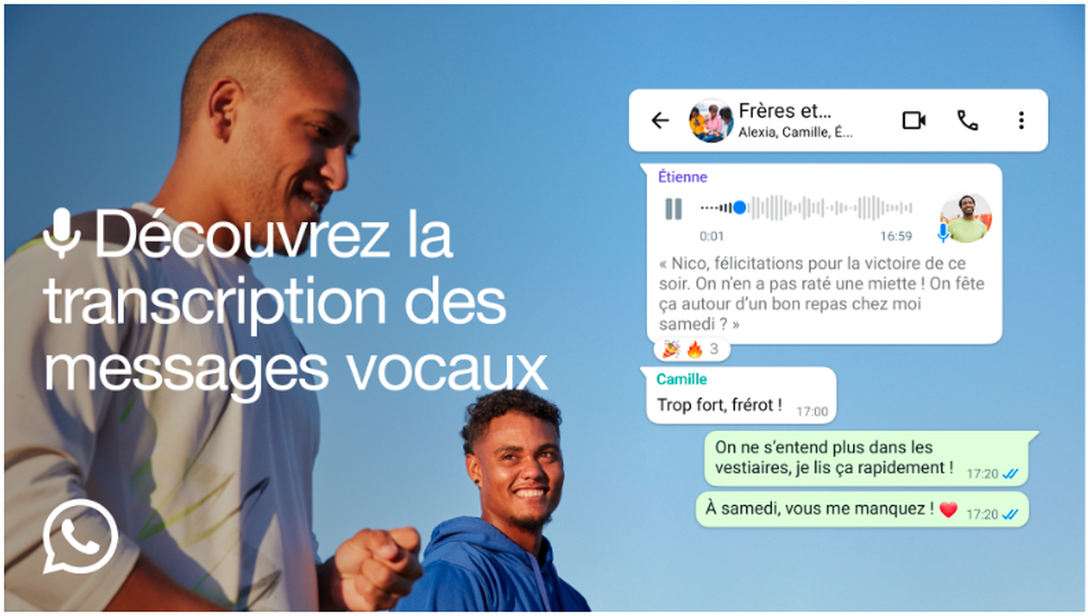 Les transcriptions sont générées sur votre appareil pour que personne d’autre ne puisse écouter ou lire vos messages personnels. Pas même WhatsApp !