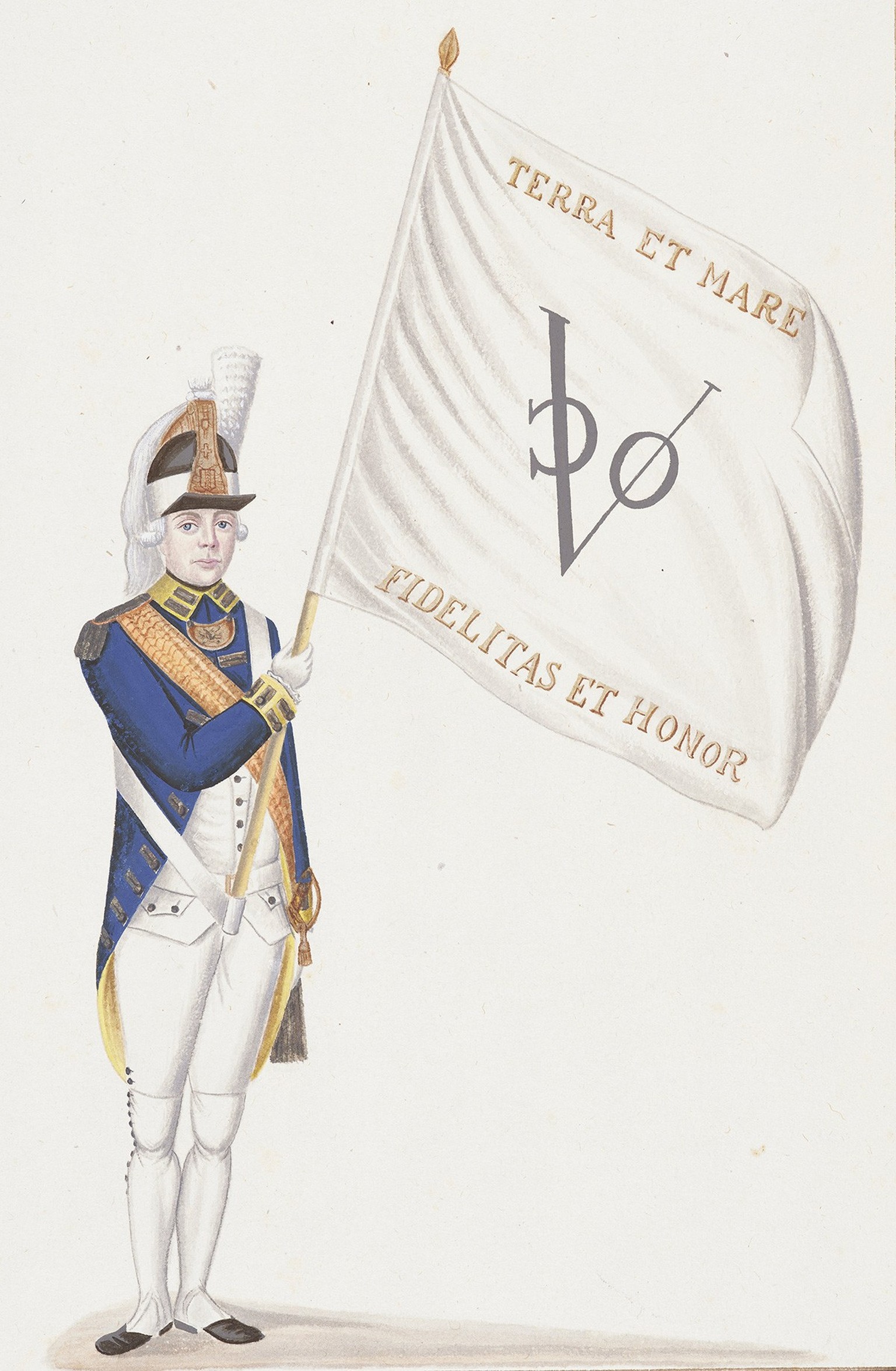 Mercenaire suisse (enseigne) du régiment de Meuron au service de la Compagnie néerlandaise des Indes orientales, vers 1790. 
https://permalink.nationalmuseum.ch/100307867