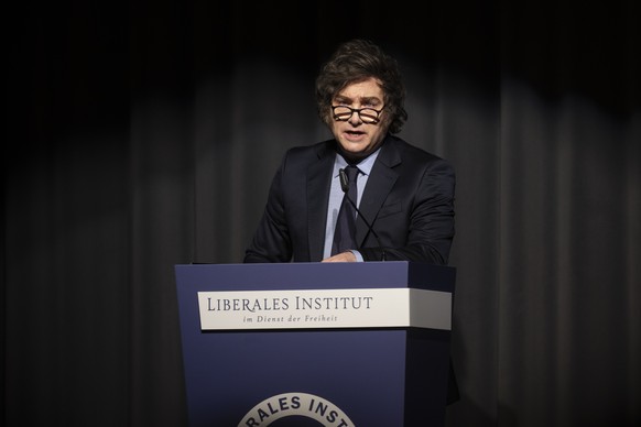 epa11850179 Argentina&#039;s President Javier Milei speaks after receiving the Roepke Prize for Civil Society 2025 of the Liberal Institute during an awarding ceremony at the Congress centre in Kloten ...