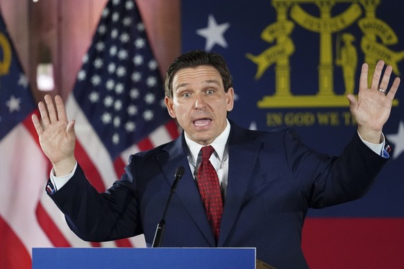 Florida Gov. Ron DeSantis speaks to a crowd at Adventure Outdoors gun store, Thursday, March 30, 2023, in Smyrna, Ga. AP Photo/John Bazemore)
Ron DeSantis