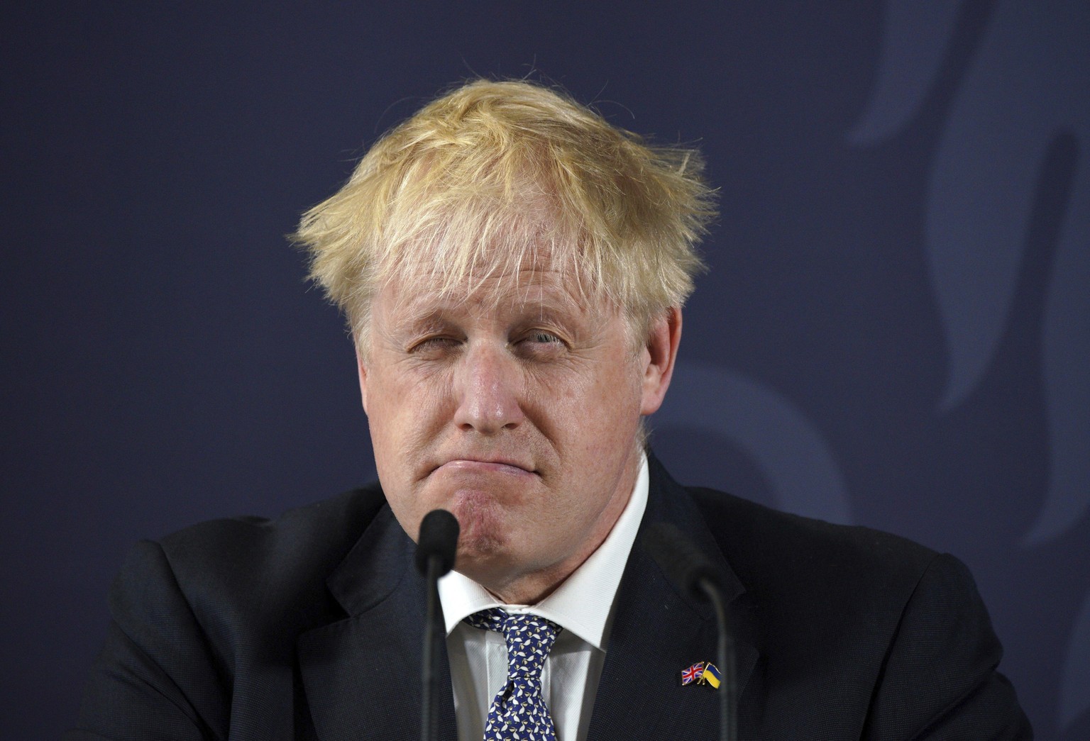Britain&#039;s Prime Minister Boris Johnson makes a speech at Blackpool and The Fylde College in Blackpool, England, Thursday June 9, 2022. (Peter Byrne/Pool via AP)