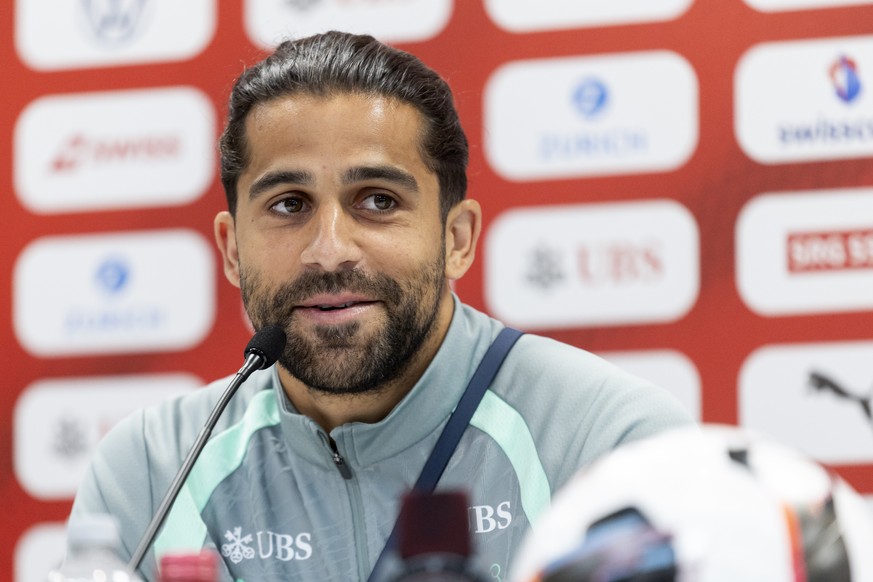 Switzerland's Ricardo Rodriguez speaks during a press conference of the Swiss national soccer team at the SDJA in San Diego, California, USA, Monday, June 22, 2026, during the 2026 FIFA World Cup ...