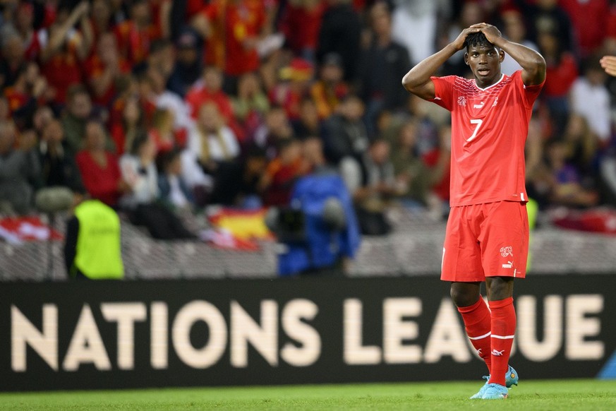 Switzerland&#039;s forward Breel Embolo reacts during the UEFA Nations League group A2 soccer match between Switzerland and Spain at the Stade de Geneve stadium, in Geneva, Switzerland, Thursday, June ...