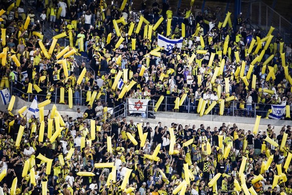 August 3, 2023, Jerusalem, Israel: Beitar Jerusalem s fans durign a game between Beitar Jerusalem and PAOK FC. Second qualifying round match of the Conference League between BeitarJerusalem and PAOK F ...