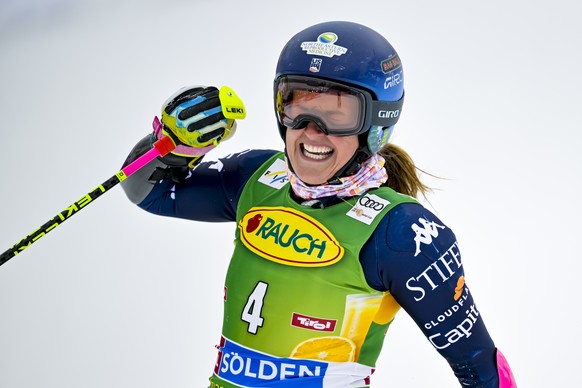 Paula Moltzan from USA reacts in the finish are during the second run of the Womens Giant Slalom race of the FIS Alpine Ski World Cup season opener on the Rettenbach glacier, in Soelden, Austria, on  ...