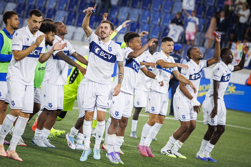 Lausanne&#039;s players celebrate their victory after the UEFA Conference League third qualifying round 1st leg soccer match between FC Lausanne-Sport (LS) and FC Astana (AS) at the stade de la Tuilie ...