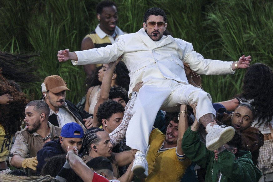 KEYPIX - epa12718769 Bad Bunny performs in the Halftime Show of the Super Bowl LX between the New England Patriots and the Seattle Seahawks at the Levi's Stadium in Santa Clara, California, USA,  ...