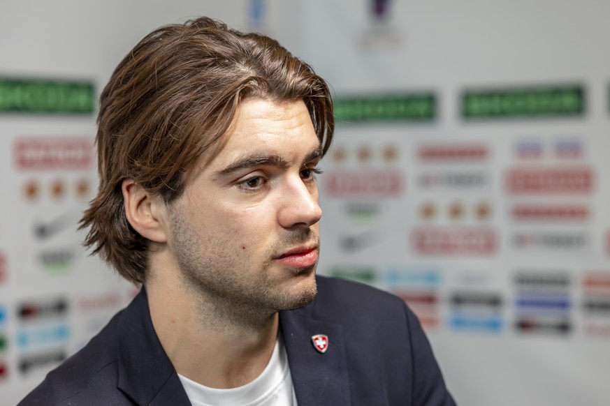 Switzerland&#039;s forward Nico Hischier speak with to media in the mixed zone, after the IIHF 2025 World Championship preliminary round group B game between Switzerland and Kazakhstan, at the Jyske B ...