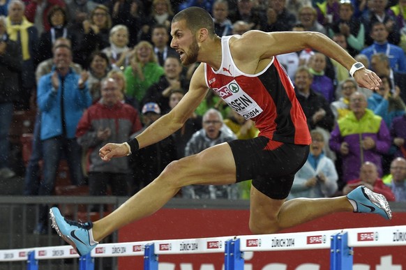 Winner Kariem Hussein from Switzerland competes in the men&#039;s 400m hurdles final, at the fourth day of the European Athletics Championships in the Letzigrund Stadium in Zurich, Switzerland, Friday ...