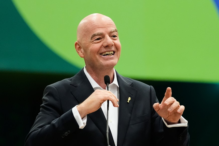 FIFA President Gianni Infantino makes comments during the opening ceremony of the International Broadcast Center, Monday, June 1, 2026, in Dallas. (AP Photo/Tony Gutierrez)
Gianni Infantino
