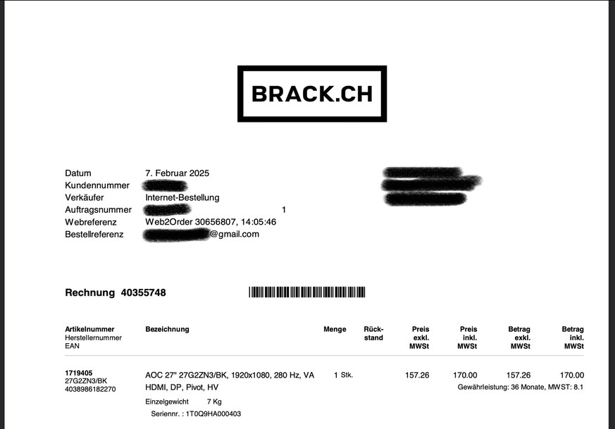 Screenshot einer &amp;quot;Invoice&amp;quot; von Brack.ch