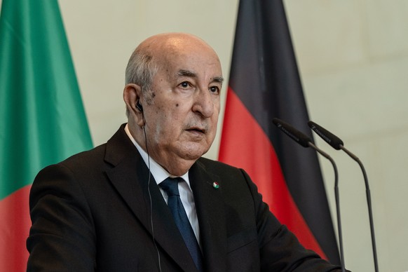 epa13116066 Algerian President Abdelmadjid Tebboune speaks during a joint press conference with German Chancellor Friedrich Merz at the Chancellery in Berlin, Germany, 16 July 2026. Merz and Tebboune  ...