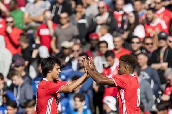 Benfica&#039;s Joao Felix, left, celebrates after scoring a goal with Benfica&#039;s Gedson Fernandes, right, during the UEFA Youth League semi-final match between Real Madrid CF from Spain and SL Ben ...