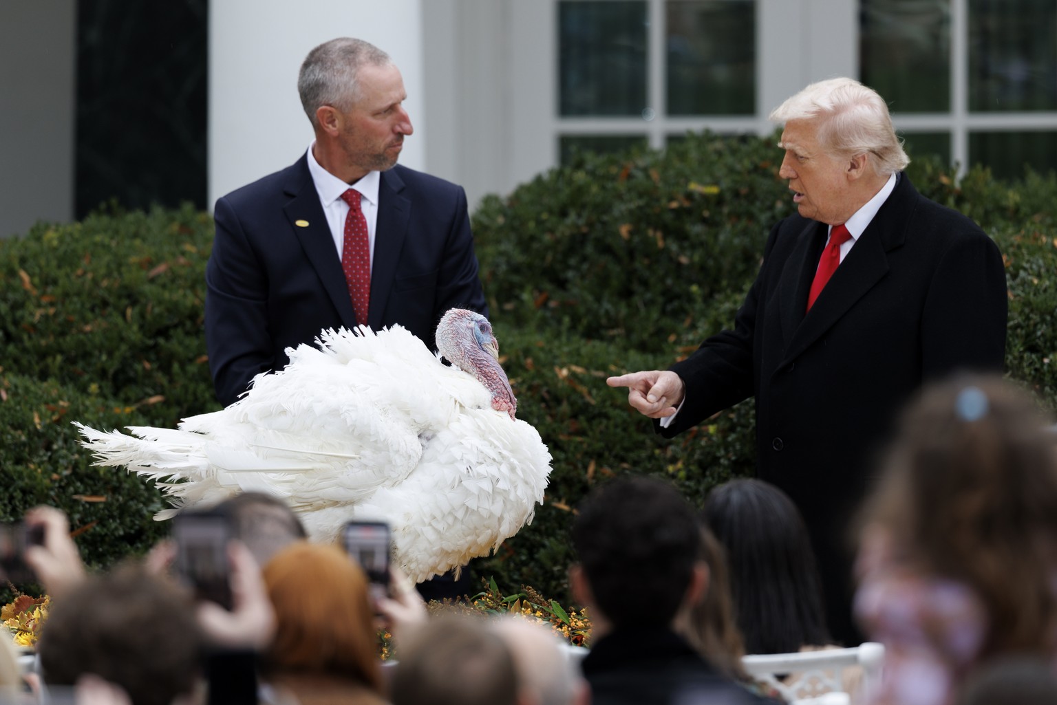 epa12548269 US President Donald Trump pardons a turkey named Gobble during a ceremony in the Rose Garden at the White House, in Washington, DC, USA, 25 November 2025. The annual White House tradition  ...