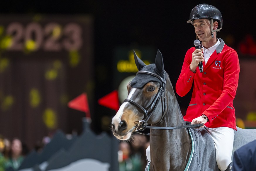 Le cavalier suisse Steve Guerdat et nouveau champion d'Europe avec son cheval Dynamix de Belheme, au CHI de Genève en décembre 2023.