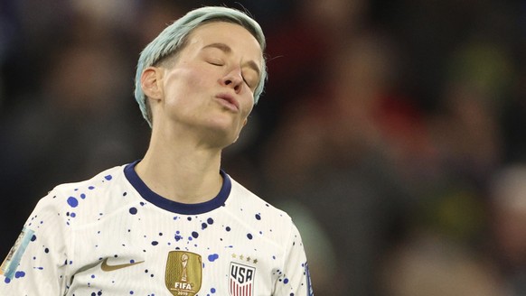 United States&#039; Megan Rapinoe reacts after missing to score during a penalty shootout at the Women&#039;s World Cup round of 16 soccer match between Sweden and the United States in Melbourne, Aust ...
