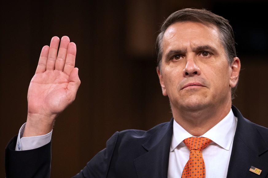 Acting Attorney General Todd Blanche is sworn in as he appears before the Senate Judiciary Committee on Capitol Hill in Washington, Wednesday, July 15, 2026. (AP Photo/Mark Schiefelbein)
Todd Blanche