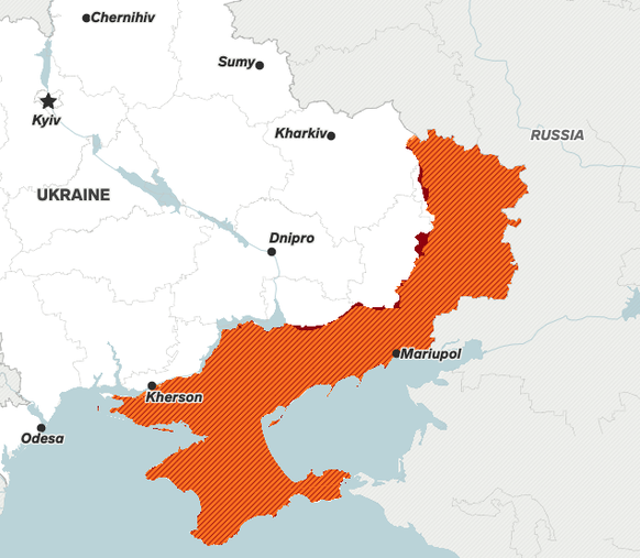 En orange: le territoire contrôlé par Moscou avant le 2 décembre 2022.