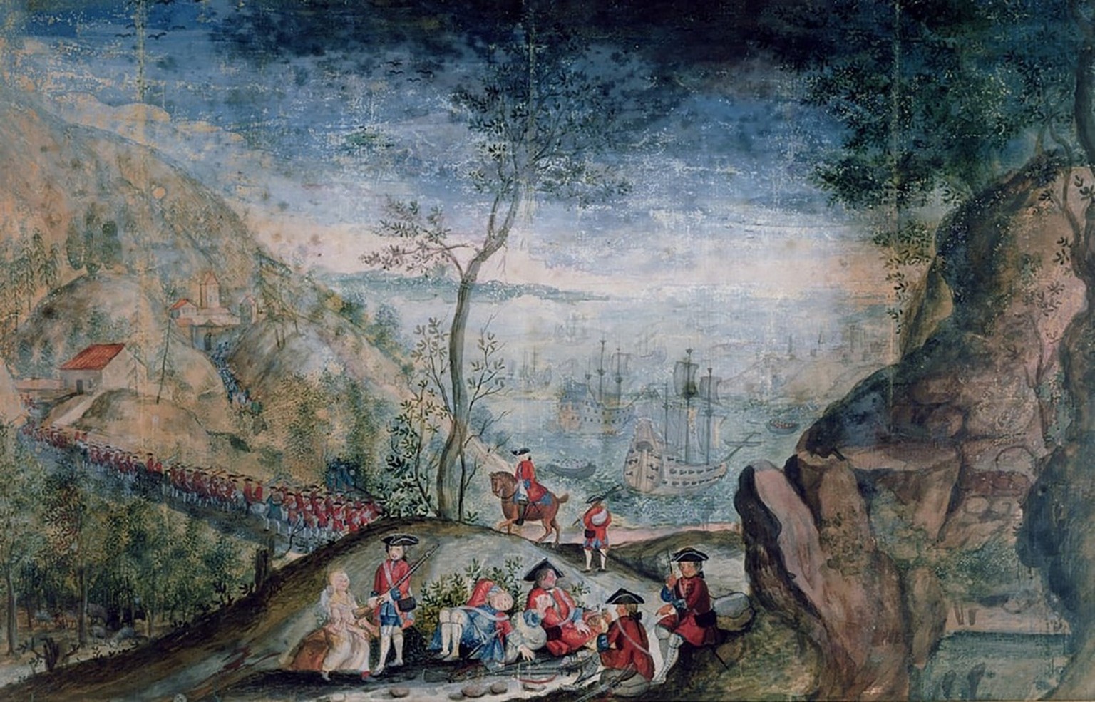 Débarquement du régiment de Karrer à Louisbourg, vers 1730.
http://flintlockandtomahawk.blogspot.com/2015/03/regiment-de-karrer.html