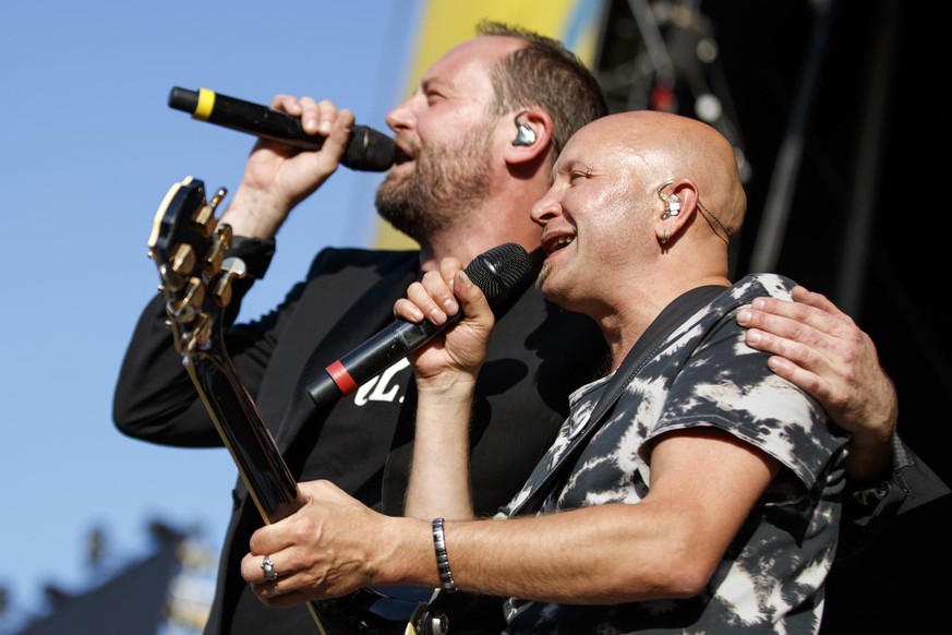Cyril Celestin, right, and Christophe Petit, left, of French acoustic reggae band Tryo perform on the main stage during the 42nd Paleo Festival, in Nyon, Switzerland, Thursday July 20 2017. The event  ...