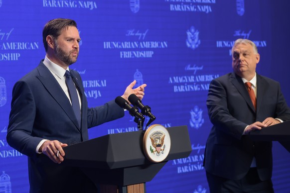 U.S. Vice President JD Vance, left, and Hungarian Prime Minister Viktor Orban hold a joint press conference at the former Carmelite Monastery in Budapest, Hungary, Tuesday April 7, 2026. (Jonathan Ern ...