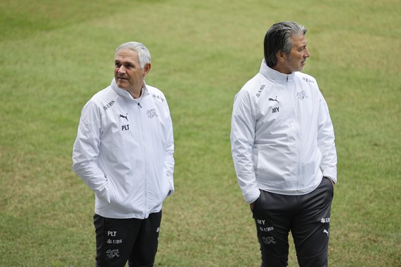 Switzerland&#039;s head coach Murat Yakin, right, and team director Pierluigi Tami look around prior to a training session at the &quot;Stadion auf der Waldau&quot; in Stuttgart, Germany, Wednesday, J ...