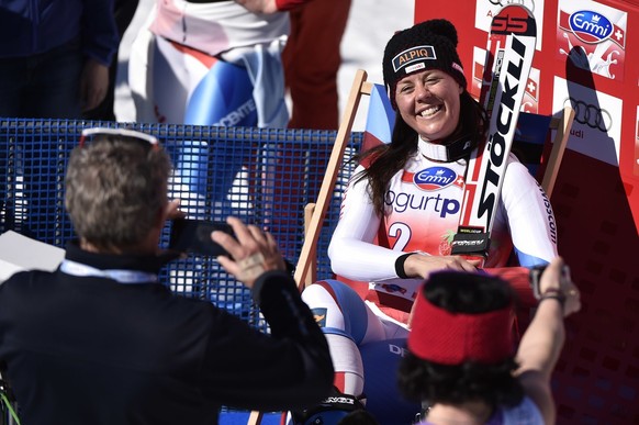 Fraenzi Aufdenblatten of Switzerland reacts in the finish area during after her last course during the women&#039;s downhill race at the FIS Alpine Ski World Cup finals, in Parpan-Lenzerheide, Switzer ...