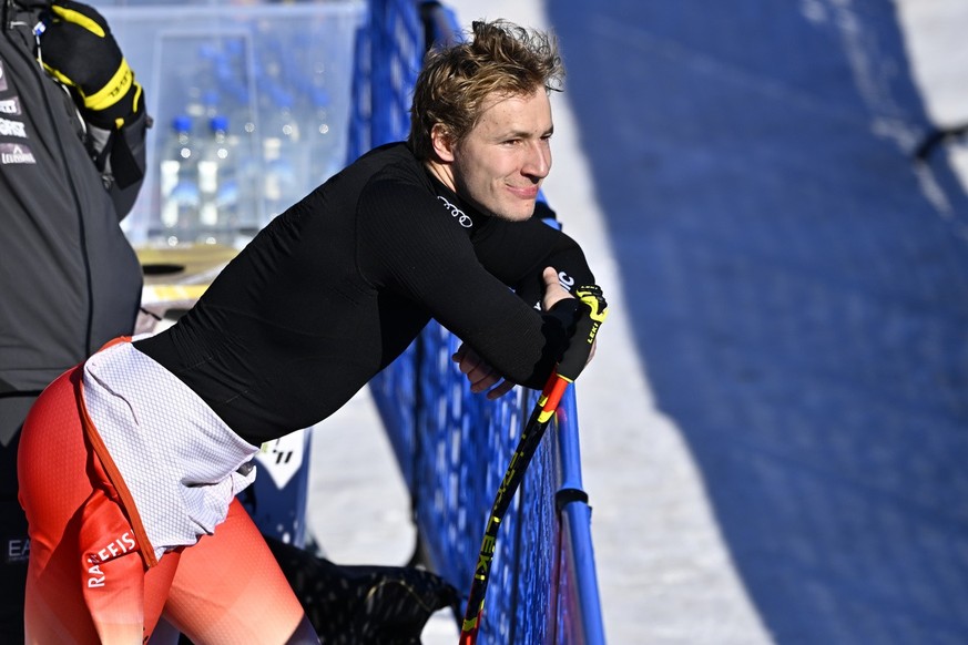 Marco Odermatt of Switzerland reacts in the finish area during the men&#039;s super-g race at the 2023 FIS Alpine Skiing World Championships in Courchevel/Meribel, France, Thursday, February 9, 2023.  ...