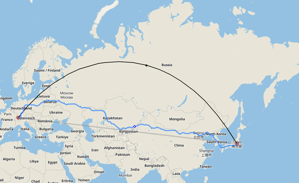 L'itinéraire le plus court de Zurich à Tokyo passe par la Russie. A vol d'oiseau: environ 9500 kilomètres.