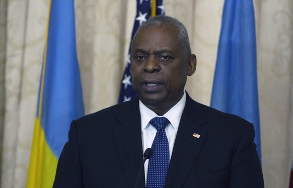 US Secretary of Defence Lloyd Austin makes a speech at Diplomatic Academy of Ukraine in Kyiv, Ukraine, Monday, Oct. 21, 2024. (AP Photo/Efrem Lukatsky)