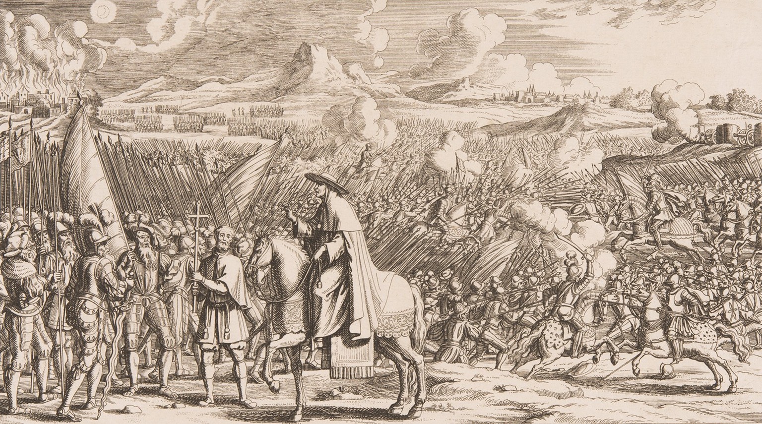 Mathieu Schiner sur le champ de bataille de Marignan en 1515. Gravure de Johann Melchior Füssli, 1713.
https://permalink.nationalmuseum.ch/100100309