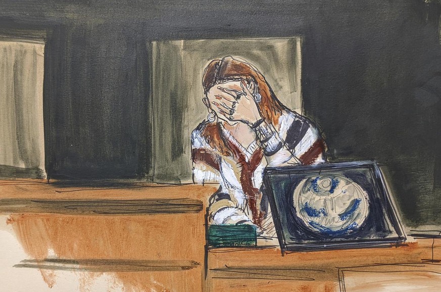 In this courtroom sketch, a witness testifying under the pseudonym &quot;Carolyn,&quot; breaks down on the witness stand testifying about her experiences with Jeffery Epstein, during proceedings in Gh ...