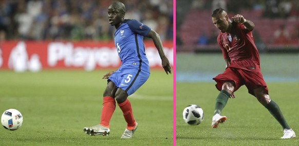 La différence entre une passe «classique» de l'intérieur du pied (Kanté, à gauche) et de l'extérieur du pied (Quaresma, à droite).