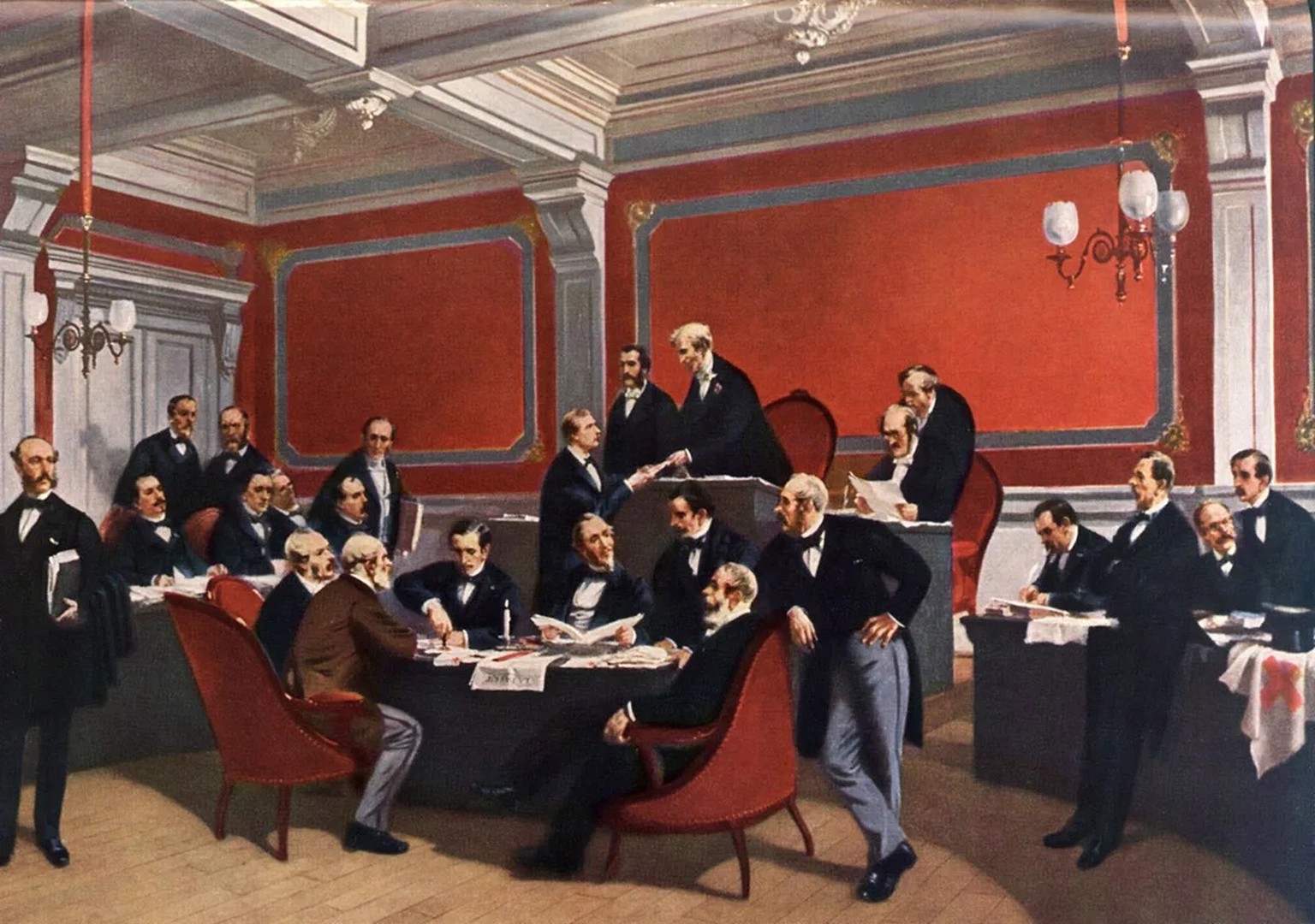 Signature de la première Convention de Genève le 22 août 1864. Tableau d’Edouard Armond-Dumaresq.
https://commons.wikimedia.org/wiki/File:Unterzeichnung_1._Genferkonvention.jpg