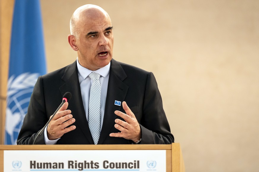 epa11924009 Secretary-General of the Council of Europe Alain Berset delivers a statement during a high-level segment of the 58th session of the Human Rights Council at the European headquarters of the ...