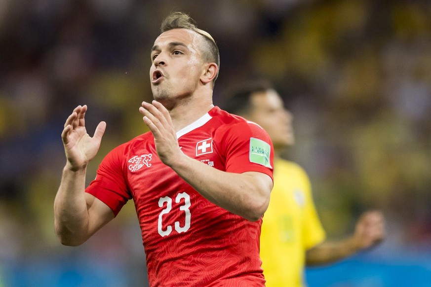 Switzerland&#039;s midfielder Xherdan Shaqiri, reacts during the FIFA soccer World Cup 2018 group E match between Switzerland and Brazil at the Rostov Arena, in Rostov-on-Don, Russia, Sunday, June 17, ...